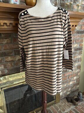 Croft & Barrow Tan & Black Striped Shirt Size 1X NWT Gold Buttons 100% Cotton